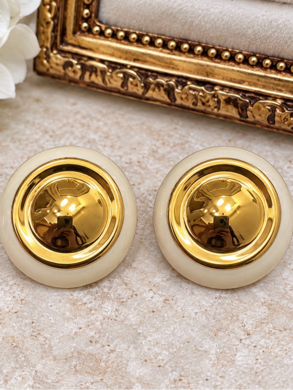 Vintage Monet Gold Tone Enamel Dome Button Clip On Earrings Retro